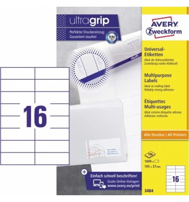 Avery Zweckform - Universaletikett Ultragrip 105 X 37 Mm (b X H) Nicht Wieder Ablösbar Papier Weiß 1.600 Etik./pack.