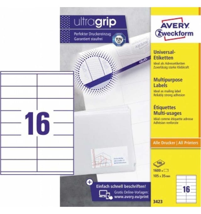 Avery Zweckform - Universaletikett Ultragrip 105 X 35 Mm (b X H) Nicht Wieder Ablösbar Papier Weiß 1.600 Etik./pack.