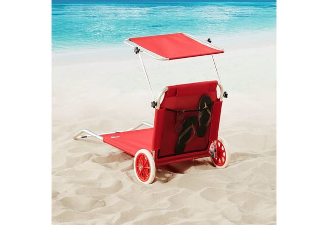 Strandliege Klappbar Mit Sonnendach Alu Sonnenliege Mit Rollen Kissen Seitentasche Gartenliege Liegestuhl Strand Rot - Casaria