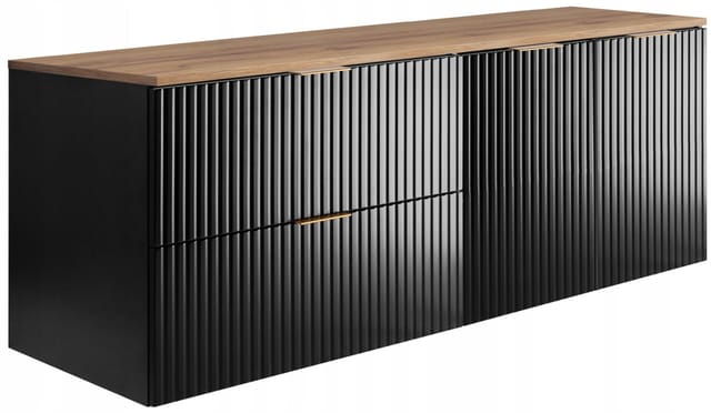 Waschtischunterschrank - 140 Cm - Schwarz Und Eiche - Modernes Design - Gerillte Fronten