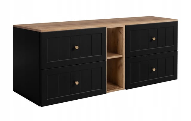Waschtischunterschrank 140 Cm - Schwarz Und Eiche - Elegantes Design - Soft Close Und Praktisch