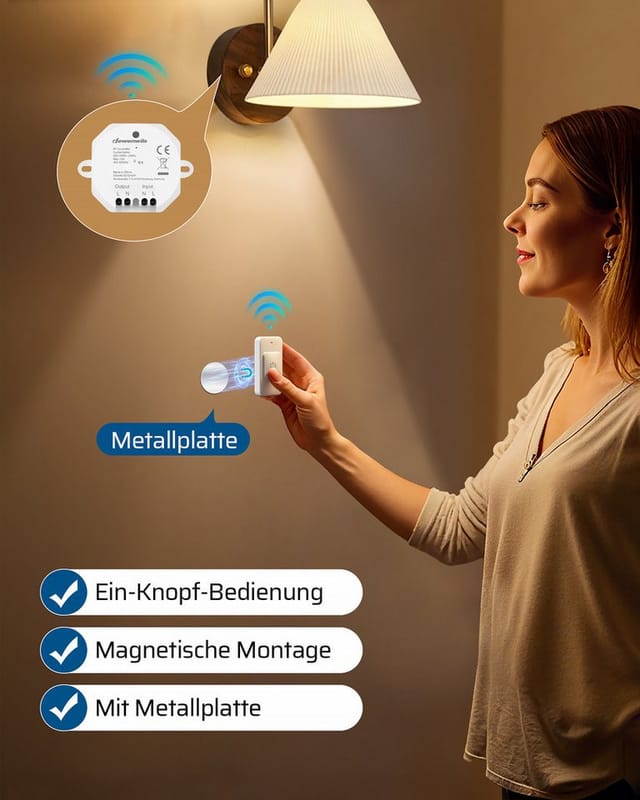 Dewenwils Funk-lichtschalter Set 230 v, Magnetischer Funkschalter Mit Empfänger, Drahtlos, Reichweite Bis 30 m, Erweiterbar, Schalter Für Lampen Und Ventilatoren Bis 2300 w, 1 Sender