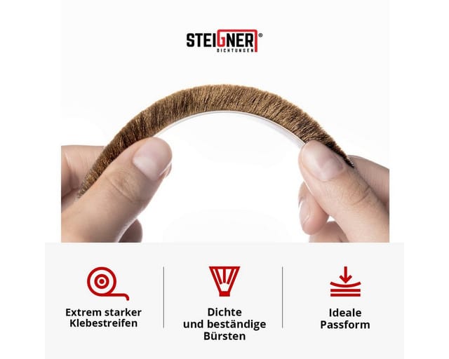 Steigner Bürstendichtung Selbstklebend Braun 8 Mm X 5 M - Robuste Türbürstendichtung Für Schiebetüren, Innentüren - Fensterdichtung, Zugluftstopper, Insektenschutz