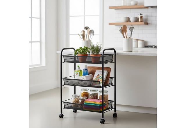 Relaxdays Rollwagen, 3 Offene Ebenen, Metall, Hxbxt: 62,5 X 43,5 X 26 Cm, 4 Rollen, Küche, Bad, Beistellwagen, Schwarz