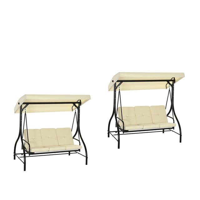 2er-set 2 In 1 Hollywoodschaukel Mit Liegefunktion 3-sitzer Gartenschaukel Mit Verstellbarem Sonnendach, Schaukelbank Belast Bis 240kg, Gartenliege Für Garten, Terrasse, 195x117x175 Cm, Beige