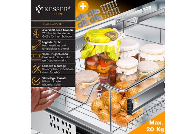 Kesser® Teleskopschublade Küchenschublade Küchenschrank Korbauszug Schrankauszug Vollauszug Schublade 1x 50cm - Silber
