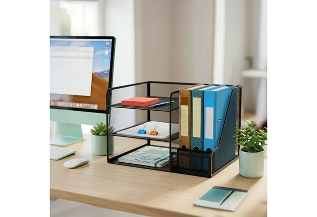 Relaxdays Schreibtisch Organizer, 5 Ablagen, Vertikaler Ordnerhalter, Büro, Hbt: 23,5 X 37 X 30,5 Cm, Metall, Schwarz