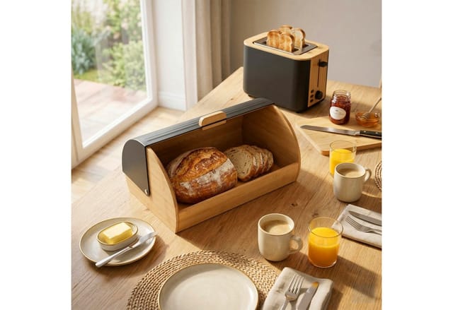 Relaxdays Brotkasten Bambus Mit Klappdeckel, Brotaufbewahrung, Hxbxt: 19 X 37,5 X 26,5 Cm, Brotcontainer, Schwarz/natur