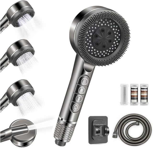 Hochdruck-duschkopf Mit Anti-kalk-funktion, Integriertem Filter, 4 Strahlarten Und Wasserstopp-taste, Wassersparend, Inklusive 1,5 M Schlauch Und Badhalterung, Grau