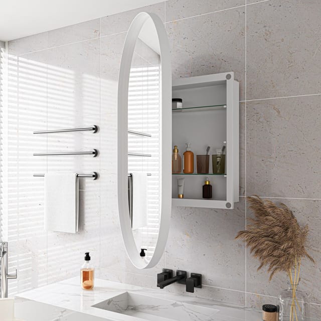 Wandschrank Für Das Badezimmer Mit Ovalem Spiegel – 85 X 51,5 X 12 Cm – Metallrahmen, Spiegel Und Verstellbare Einlegeböden – Weiß