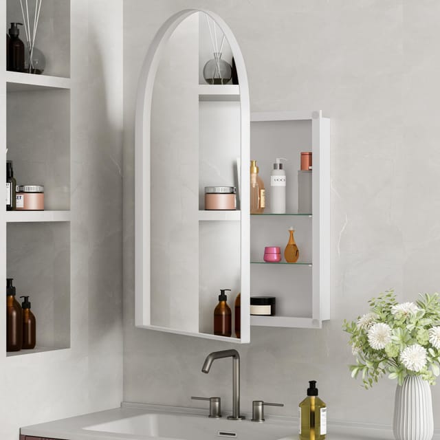 Wandschrank Für Das Badezimmer Mit Gewölbtem Spiegel – 91 X 61 X 12 Cm – Metallrahmen, Spiegel Und Verstellbare Einlegeböden – Weiß