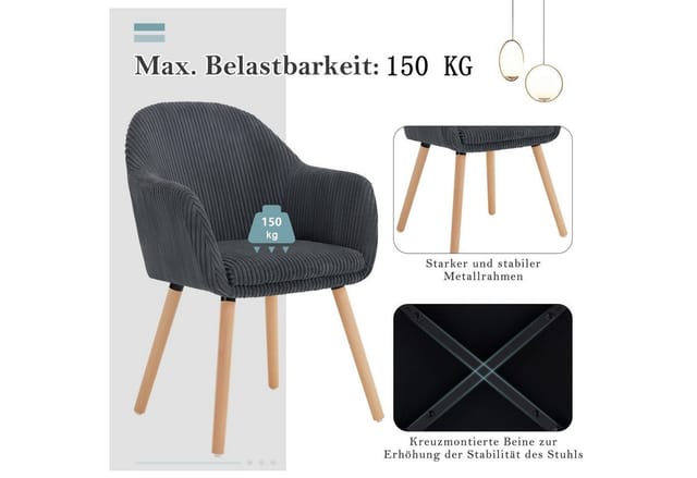 Esszimmerstühle 4er Set Küchenstuhl Polsterstuhl Mit Armlehnen Rückenlehne Armlehnstuhl Aus Cord, Massivholzbeine Für Wohnzimmer Esszimmer Dunkelgrau - Dunkelgrau - Woltu