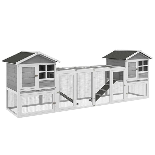 Pawhut Kaninchenstall Kleintierstall Aus Holz Kaninchenhaus Mit Außengehege, Rampe, Kleintierhaus Mit Bodenwanne, Kleintierkäfig Für Indoor Outdoor Grau 259 X 64 X 92 Cm