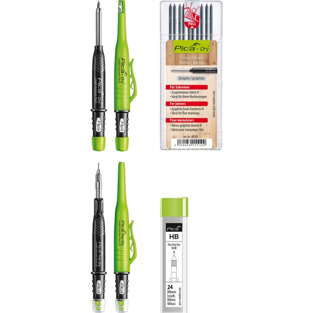 Pica Dry Und Fine Dry Tieflochmarker Graphit + Ersatzminen Graphitminen H Und Hb, 4-teilig - Vasalat