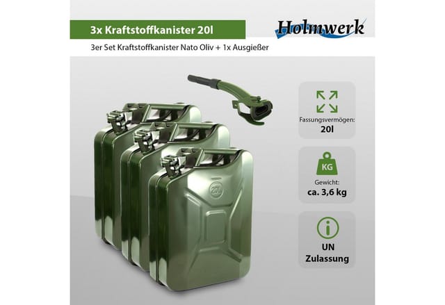 Baumarktplus - 3x Kraftstoffkanister Dieselkanister 20 Liter Metallkanister Olivgrün Mit Ausgießer