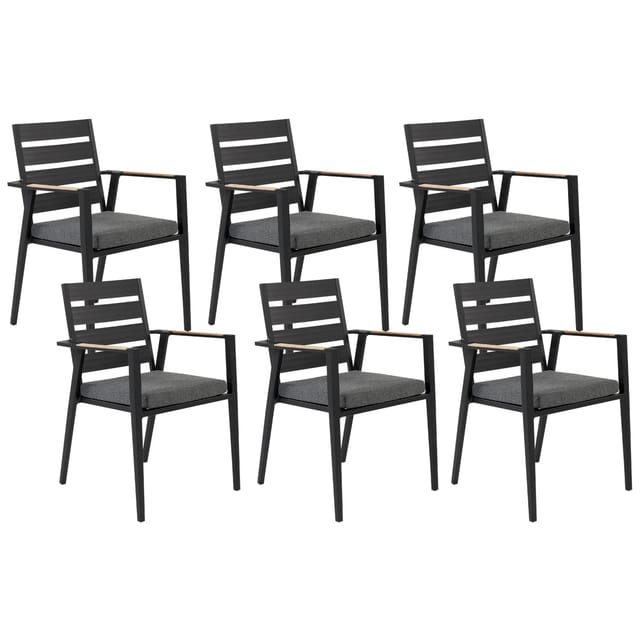Gartenstuhl 6er Set Schwarz Aluminium Mit Sitzkissen Grau Stoff Armlehnen Holzoptik Stapelbar Modern Outdoor Indoor Terrasse Balkon Ausstattung