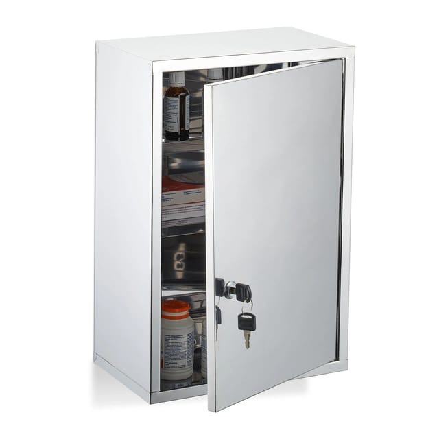 Medizinschrank, 3 Fächer, Abschließbar, Edelstahl, Hbt: 45x30x18 Cm, Hausapotheke, Medikamentenschrank, Silber - Relaxdays