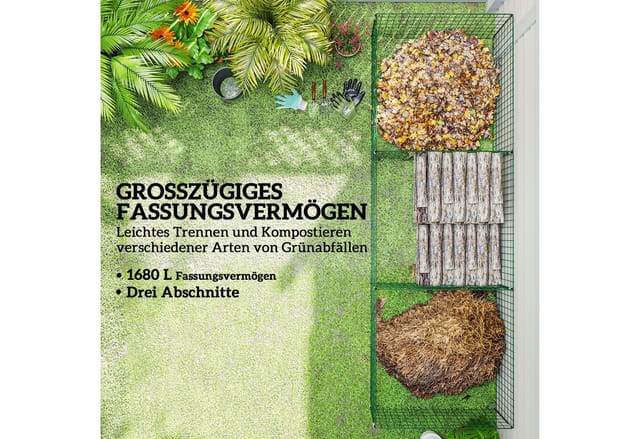 Outsunny Komposter 1680 Liter, 270 X 90 X 70 Cm 3-teilig Schnellkomposter Aus Stahl, Wetterfest Thermokomposter Mit Offenem Gitterdesign, Gartenkomposter, Kompostbehälter Für Garten, Küchen, Balkon