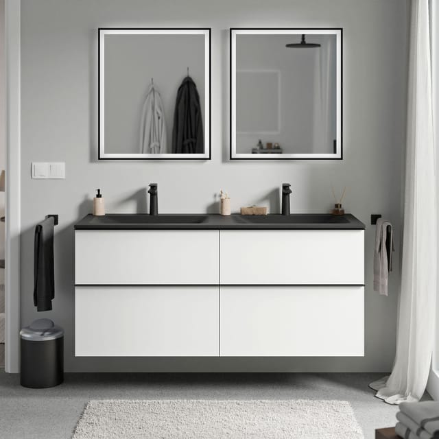 Badmöbel Unterschrank Bernstein Lavoa 140cm Mit Mineralguss Waschbecken Cream Badmöbel: Weiß Matt, Metallgriff: Schwarz Matt, Waschbecken: Schwarz Matt Mit Hahnloch