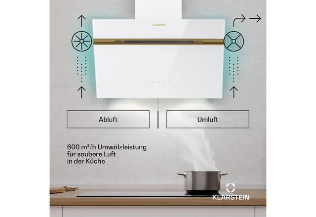 Klarstein Alina Dunstabzugshaube EEK A Touch LED-Beleuchtung Abluft/Umluft 600 m³/h Weiß