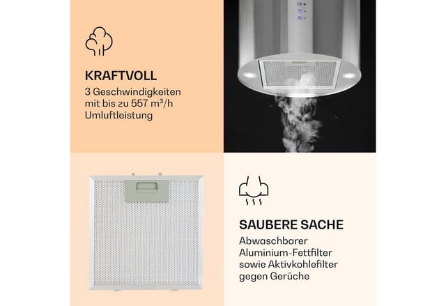 Klarstein Barella Dunstabzugshaube 35 x 93 x 43 cm Umluft 557 m³/h LED Aktivkohlefilter Silber