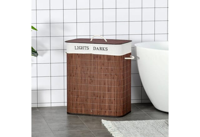 HOMCOM 100L Wäschekorb mit 3 Griffe Bambus Metall Braun Weiß 52 x 32 x 63 cm