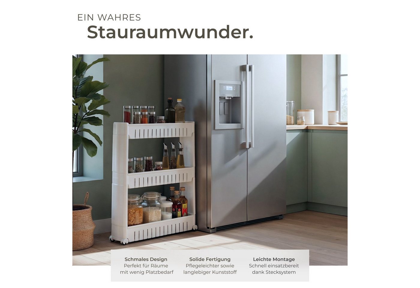 Tectake Nischenregal Joe 3 Ebenen Mit 4 Rollen 54 x 12 x 71 cm Weiß
