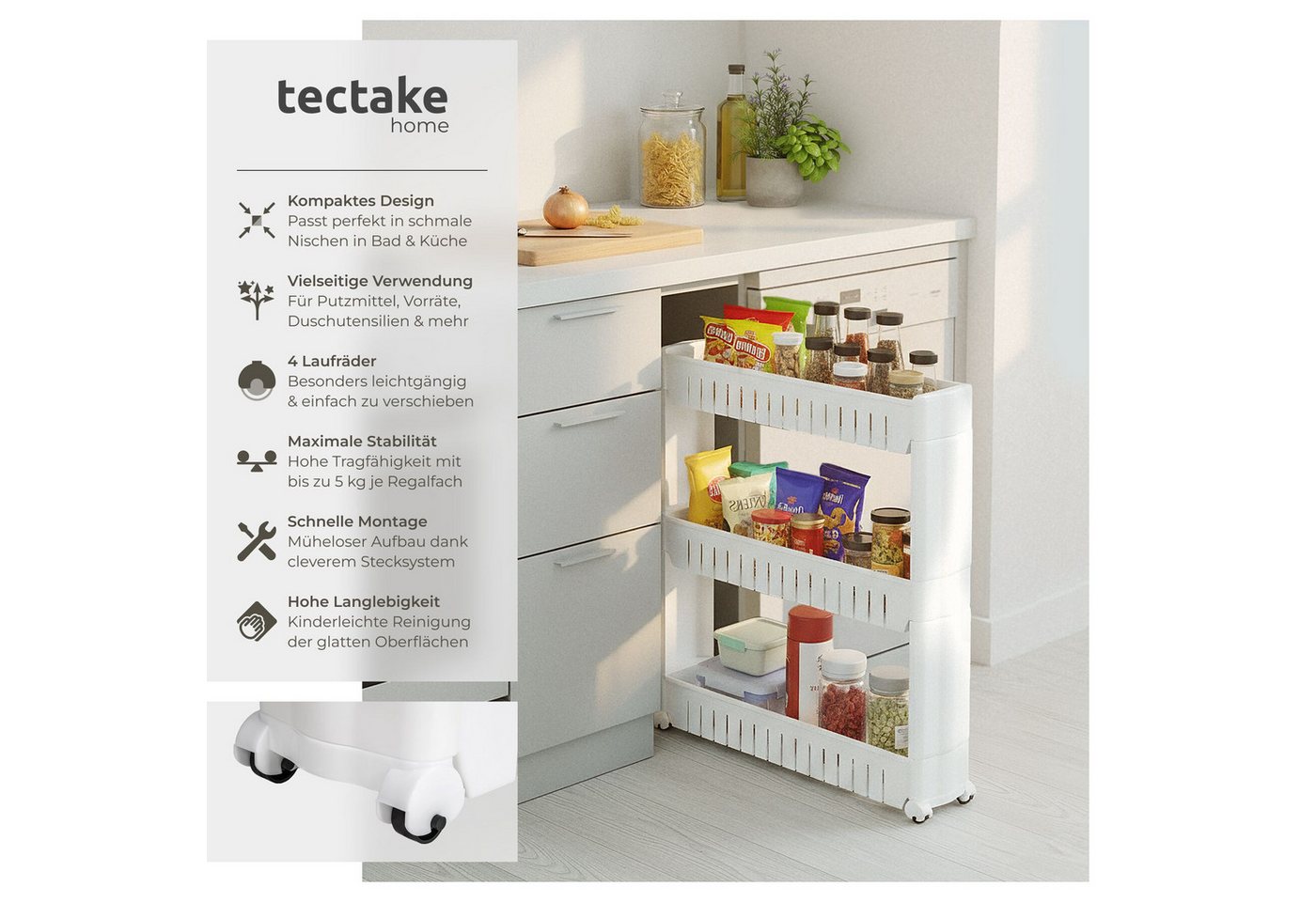 Tectake Nischenregal Joe 3 Ebenen Mit 4 Rollen 54 x 12 x 71 cm Weiß Bild 4