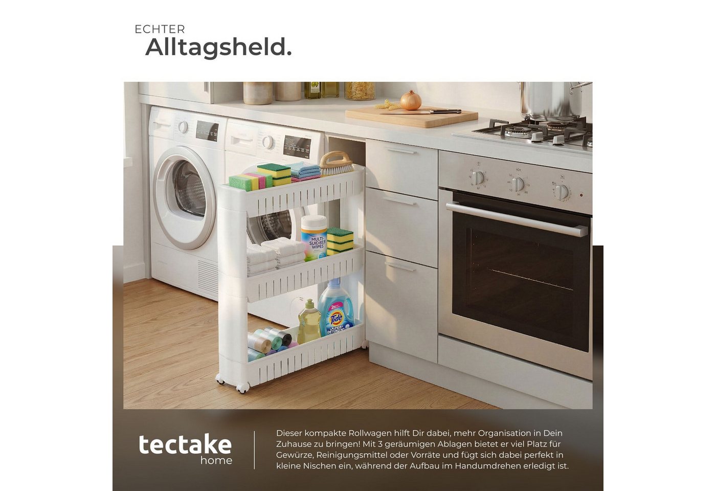 Tectake Nischenregal Joe 3 Ebenen Mit 4 Rollen 54 x 12 x 71 cm Weiß Bild 5