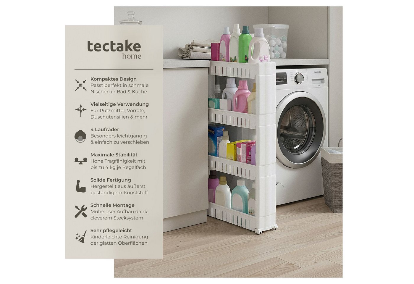 Tectake Nischenregal Joe 4 Ebenen Mit 4 Rollen 54 x 12 x 101 cm Weiß Bild 5