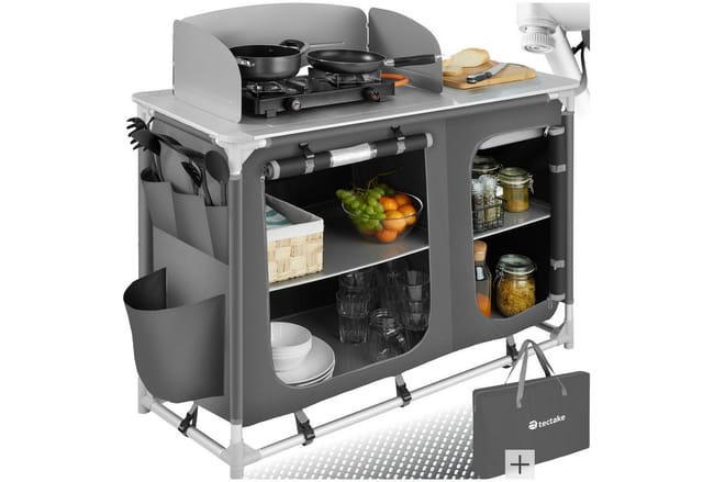 Tectake Campingküche Luxus Mit Aluminiumgestell und 4 Fächern Faltbar Wetterfest 116 x 52 x 107 cm Grau