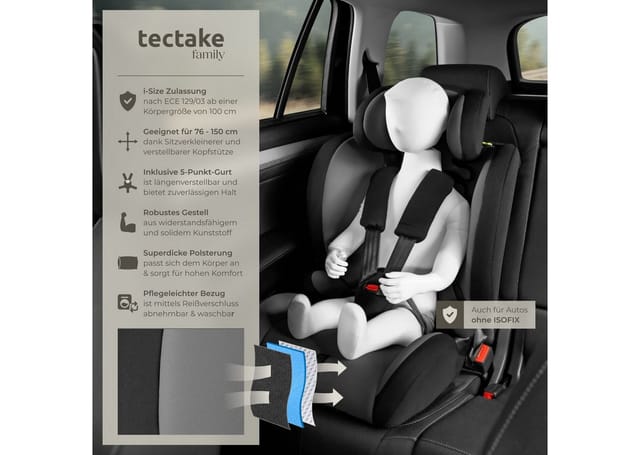 Tectake Autositz Sophie I Size Zulassung Mit Seitenaufprallschutz Mit Herausnehmbarem Sitzverkleinerer 47 x 47 x 80 50 cm Dunkelgrau Schwarz
