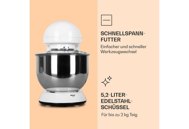 Bella Küchenmaschine 1800 W / 2,7 PS 5 Ltr Edelstahl BPA-frei Weiß