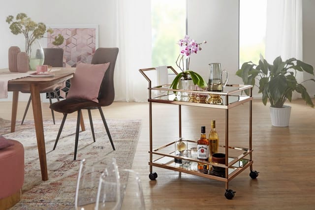 FineBuy Servierwagen Gold Beistelltisch Rollen Küchen- Speisewagen Glas Teewagen