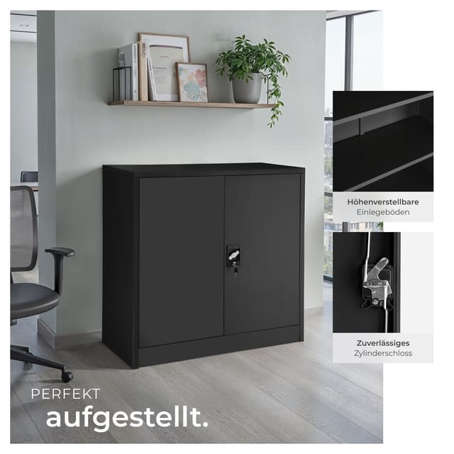 tectake® Aktenschrank, aus pulverbeschichtetem Stahl, 2 höhenverstellbare Einlegeböden, 90 x 40 x 90 cm