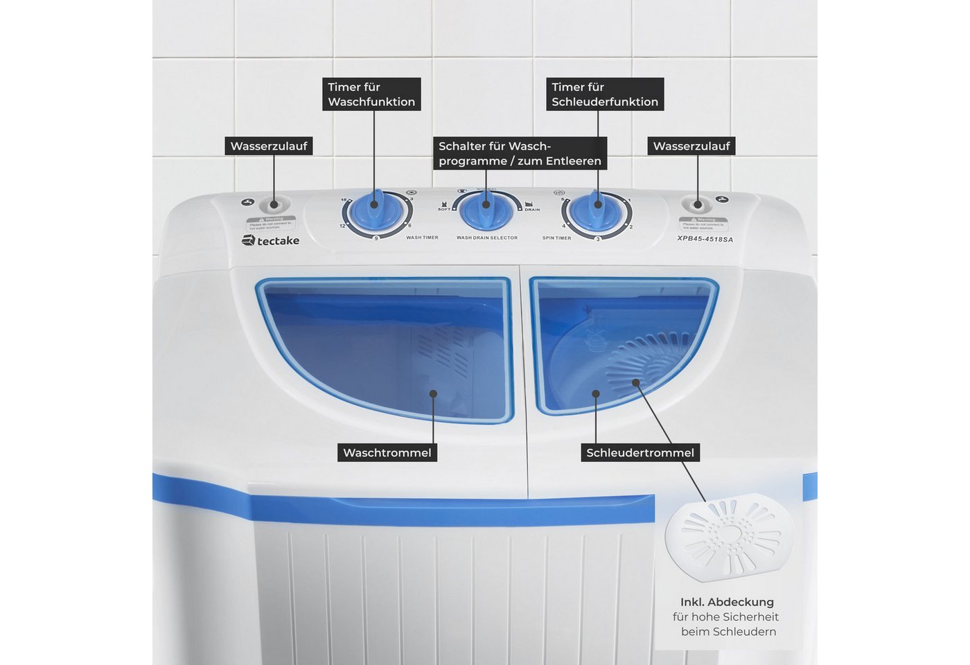 tectake® Mini-Waschmaschine, mit Schleuder, 2 Kammern, sparsamer Verbrauch, 65 x 40 x 75 cm Bild 2
