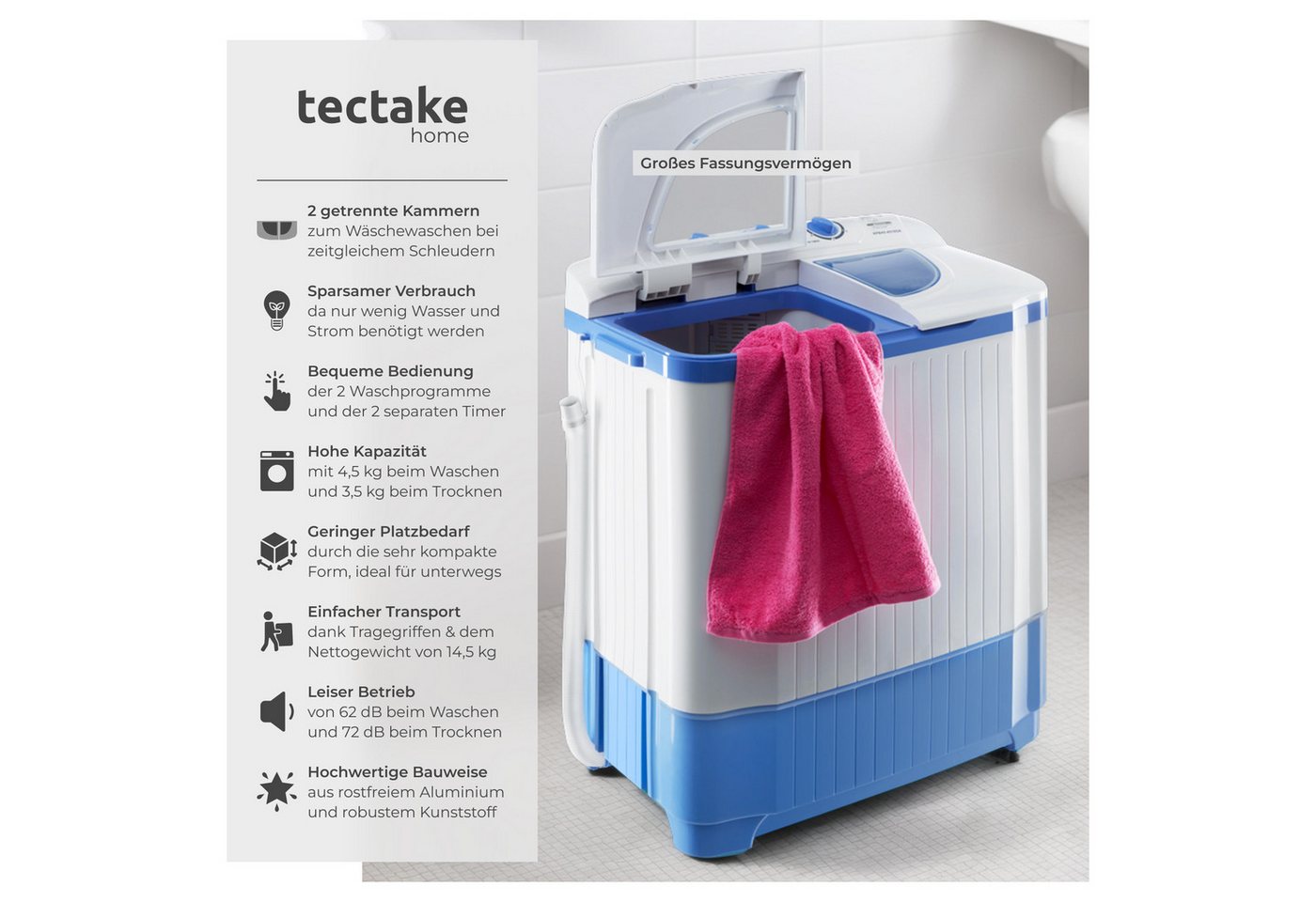 tectake® Mini-Waschmaschine, mit Schleuder, 2 Kammern, sparsamer Verbrauch, 65 x 40 x 75 cm Bild 4