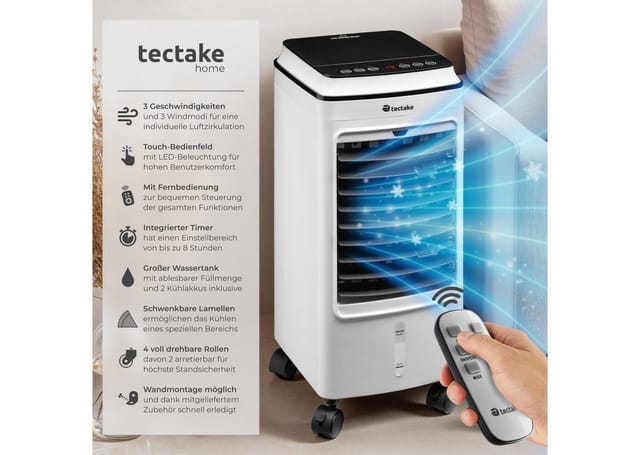 tectake® Klimagerät, mobil, mit drehbaren Lamellen, mit Timer-Funktion, Touch-Bedienfeld mit LED-Beleuchtung, inklusive Fernbedienung