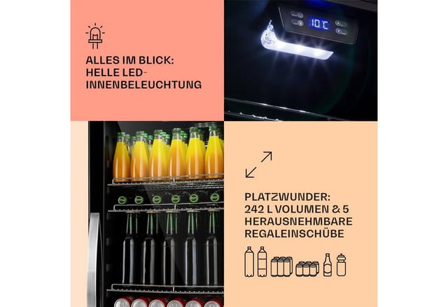 Beersafe 7XL Kühlschrank 242 Liter 5 Böden Panoramaglastür Edelstahl Onyx 242 Liter