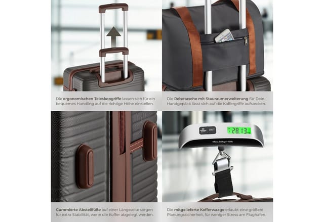 tectake® Reisekofferset, 13-teilig, Hartschalen aus robustem ABS-Kunststoff, 360° drehbare, abnehmbare Doppelrollen, mit Teleskopgriff