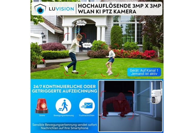 LUVISION Dual WLAN PTZ Überwachungssystem mit 12,5" Monitor,Mikrofon, Sirene, Nachtsicht, KI Bewegungsverfolgung 4 Kameras