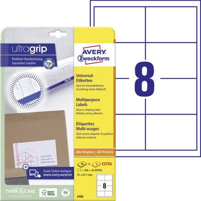 Zweckform 4782 Universal-Etiketten, A4 mit ultragrip, 97 x 67,7 mm, 30 Bogen/240 Etiketten, weiß