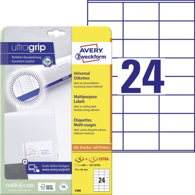 Zweckform 3490 Universal-Etiketten, A4 mit ultragrip, Adressaufkleber, 70 x 36 mm, 30 Bogen/720 Etiketten, weiß