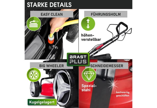 BRAST Benzinrasenmäher 4,76PS RED LINE mit Antrieb, 46 cm Schnittbreite, TÜV geprüft, 4 Takt OHV Motor, 60L Fangkorb, massives Stahlgehäuse