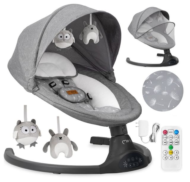 MoMi Babyschaukel MoMi KENANI ONYX - Elegante schwarze elektrische Wippe für Kleinkinder, Abnehmbares Schutzdach, Moskitonetz, Bluetooth-Einheit