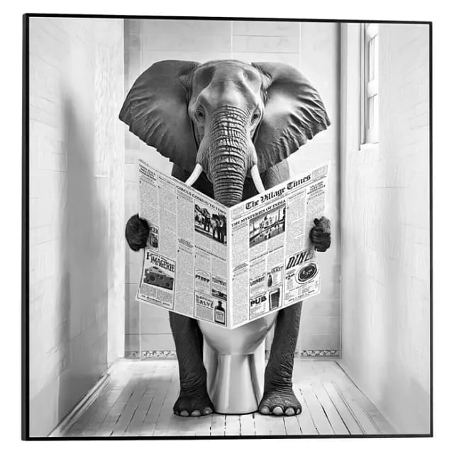 Reinders! Poster Elephant Toilet, Toilette - WC - Zeitung - Schwarz-Weiß - MDF - Tiere - 50x50 cm
