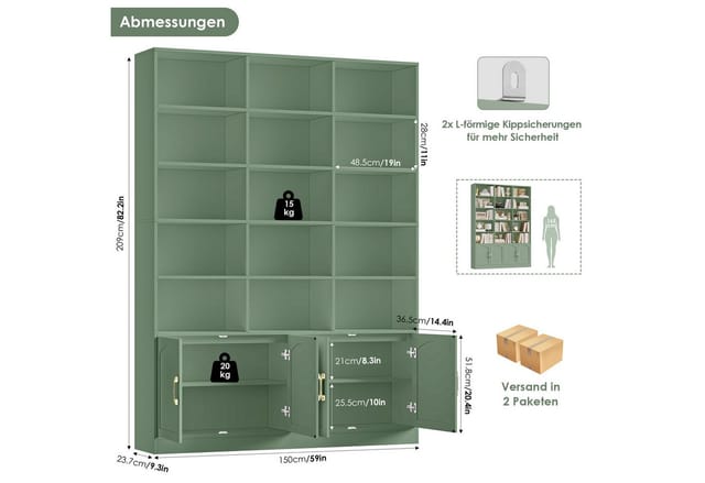 Homfa Bücherregal 209cm Bücherschrank Hochschrank Raumteiler Standregal, mit 15 offenen Fächern und 4 Türen, Holz, 150x23,7x209 cm, Grün