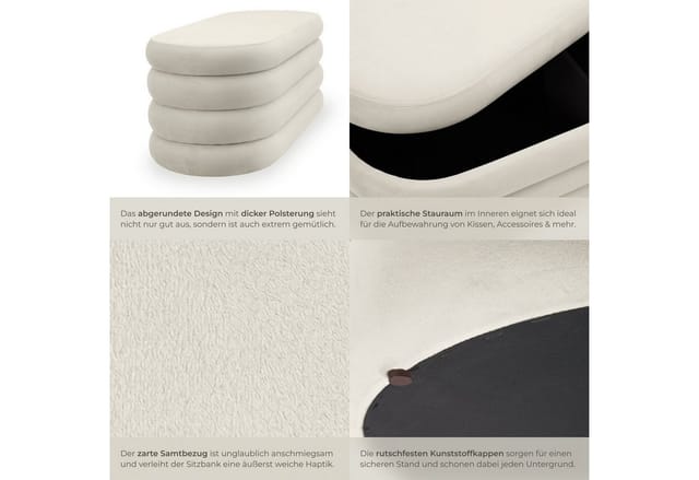 tectake Bank Polsterbank Altu mit großem Stauraum, 110 x 45 x 42 cm (Sitzbank, 1-St. Samtoptik Creme-Weiß), bodenschonende Kunststoffkappen, Belastbarkeit 150 kg