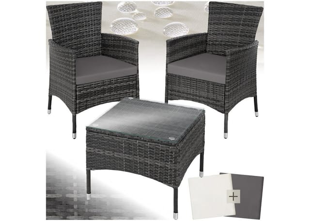 tectake Sitzgruppe Rattan Gartenset für 2 Personen, 2 Bezugssets, (Loungeset Luzern, 5-tlg., für Außen in Grau), widerstandsfähig, UV-beständig, mit Sicherheitsglasplatte