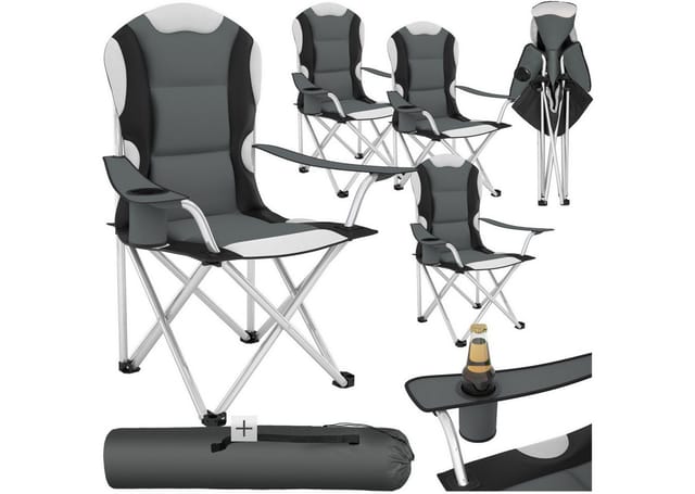 tectake Campingstuhl (Outdoor Balkonstuhl für Außen in Grau, 4 St), gepolstert, mit Getränkehalter, geringes Gewicht, inkl. Tragetasche